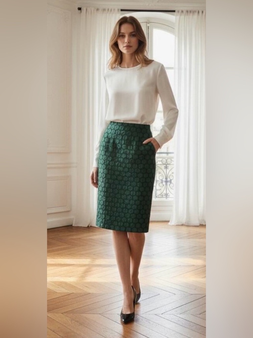 Anthropologie Maeve Mad Men-esque High Waisted Pencil Skirt w Knit Dot Design